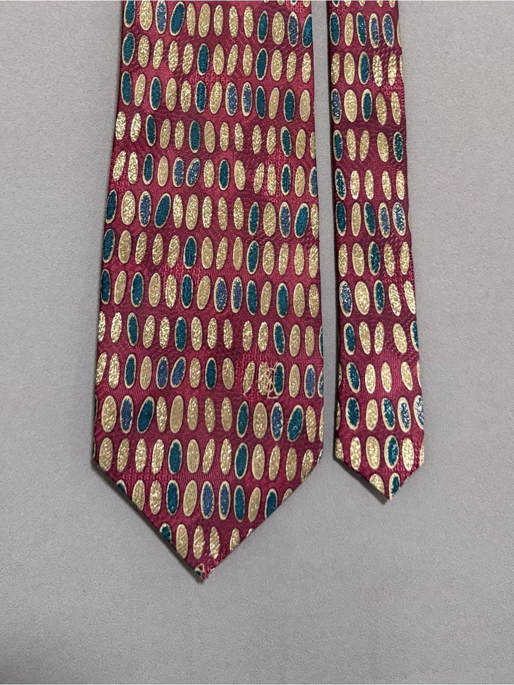 Vintage Yves Saint Laurent Cravatte Silk Tie Burgundy Red Gold Geometric Oval